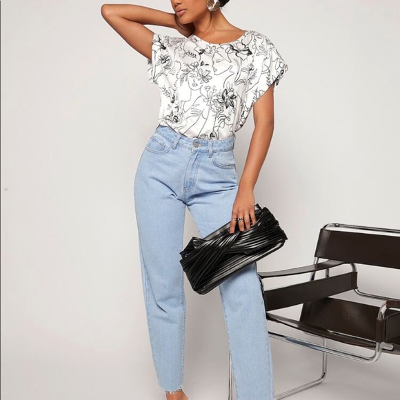 Elegant Classic Abstract Pop Art Floral Print Stain Top Blouse Shirt Black White - Picture 3 of 5